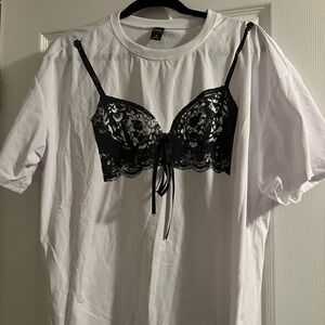 White T-Shirt with Black Lace Overlay